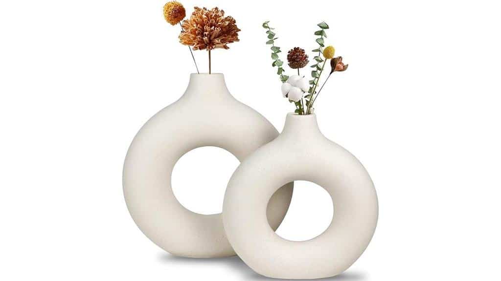 white ceramic round vases