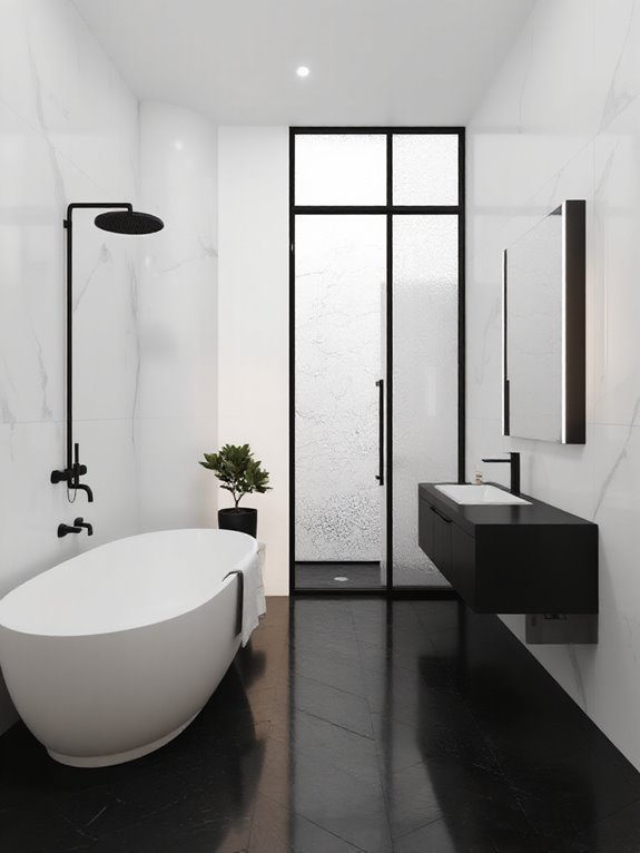 black fixtures enhance bathrooms
