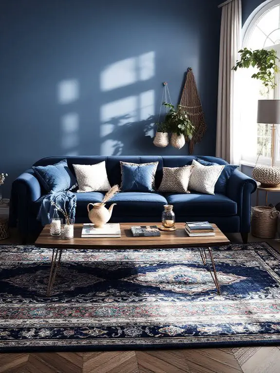 indigo pillows layered rugs