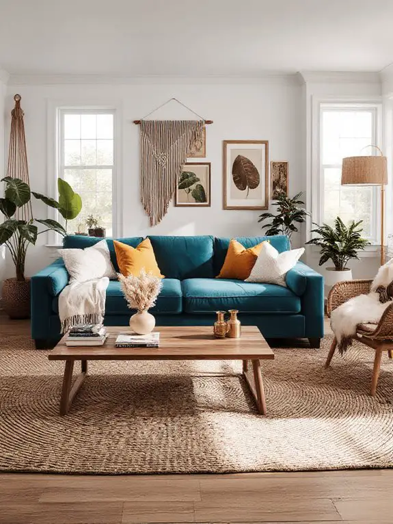 teal sofas and earthy accessories