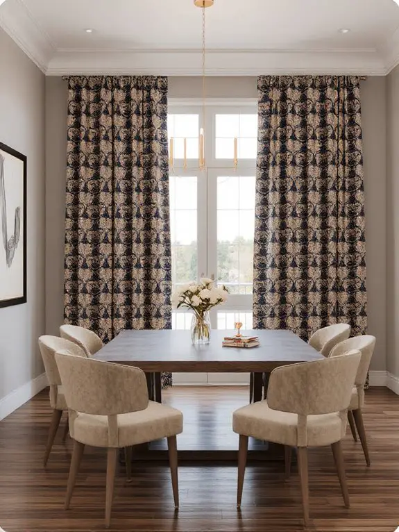 patterned curtains enhance dining